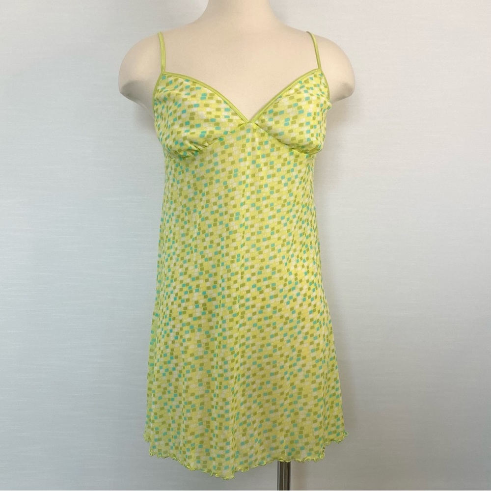 Y2K Victoria’s Secret Micro Mesh Lemon Lime Yellow Print Babydoll Slip Dress L - Picture 2 of 8